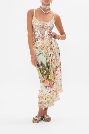 Front view of model wearing CAMILLA resortwear long sarong in Renaissance Romance print