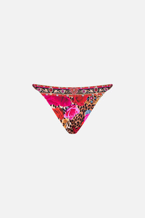 Detail view of model waering CAMILLA resortwear bikini bottom in Heart Like A Wildflower print