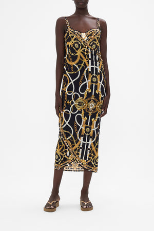 Front view of model wearing CAMILLA resortwear sarong dress in Coast To Coast print