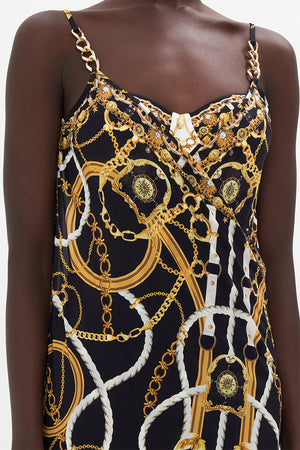 Detail view of model wearing CAMILLA resortwear sarong dress in Coast To Coast print