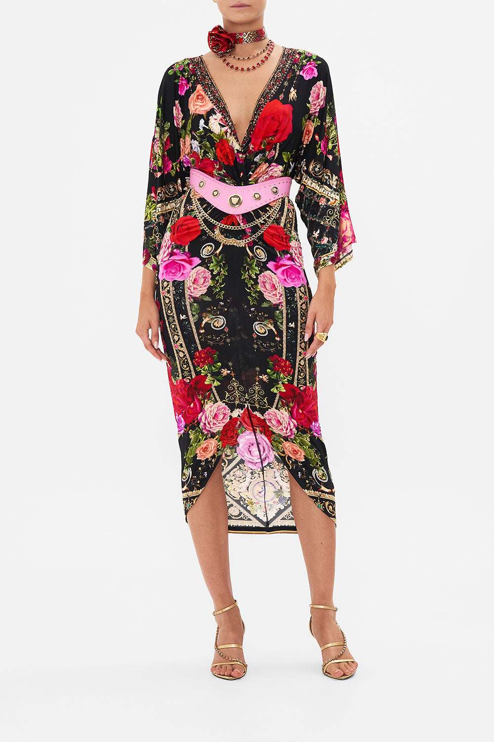 Front view of model wearing CAMILLA jersey dress in Reservation For Love print