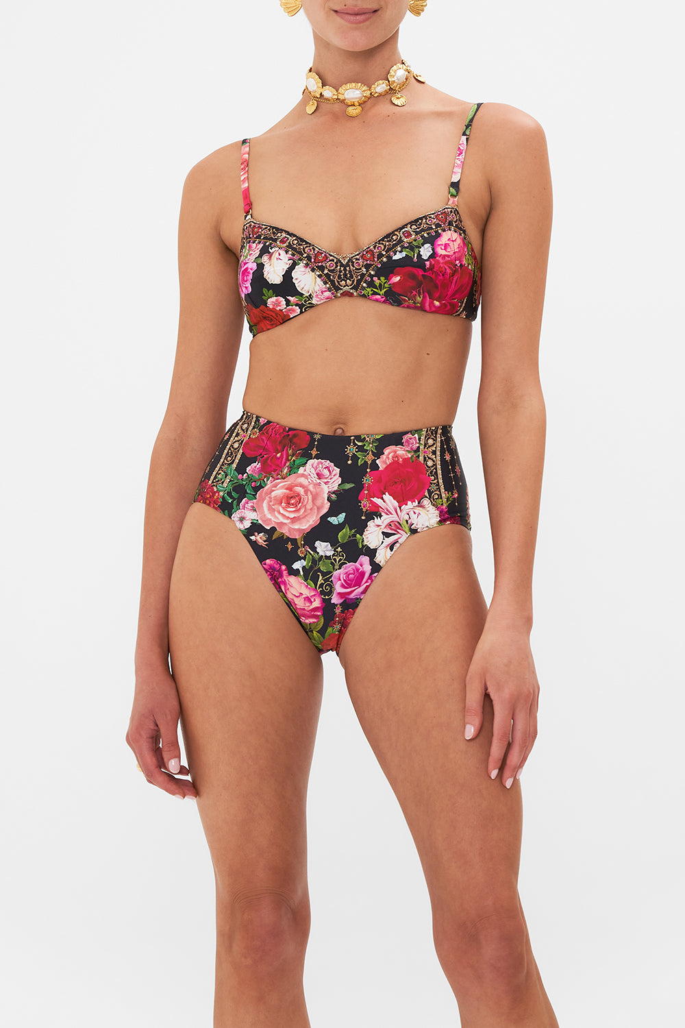 Crop view of model wearing CAMILLA floral bra in Reservation For Love print