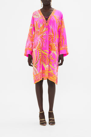 Front view of model wearing CAMILLA designer kaftan in A Heart That Flutters print