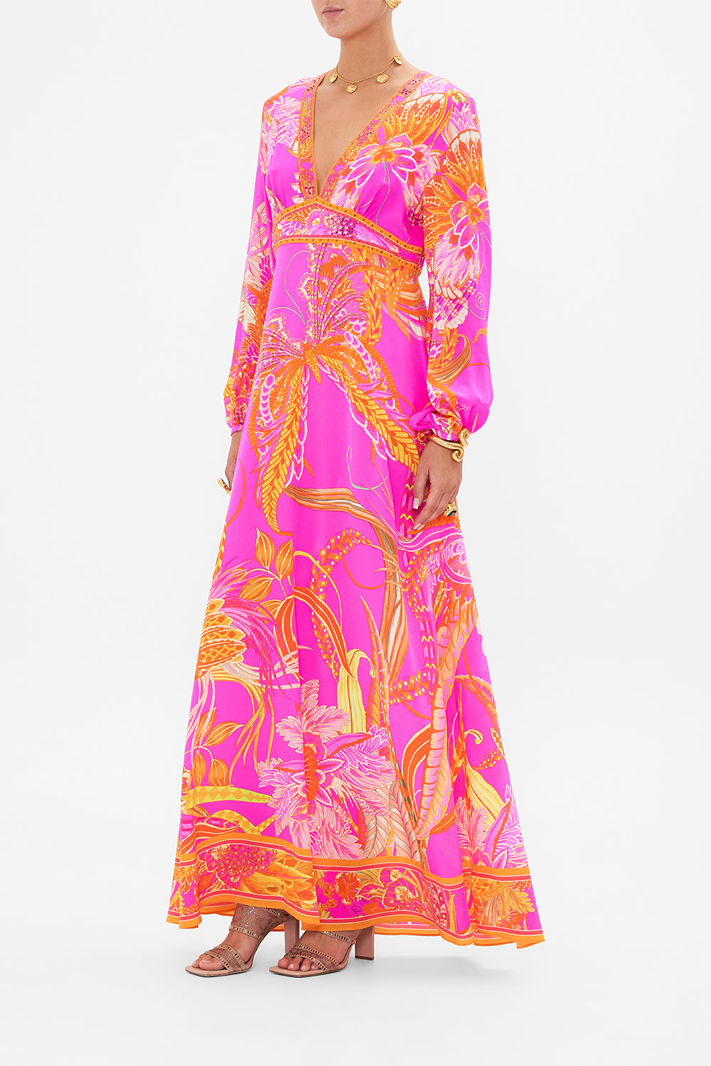 Side view of model wearing CAMILLA pink silk dress in A Heart That Flutters print