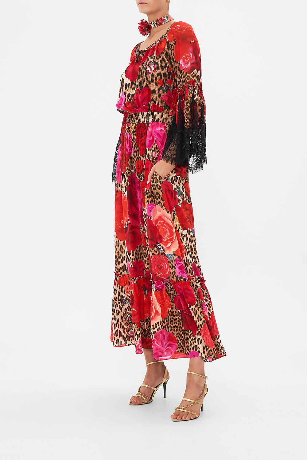 Side view of model wearing CAMILLA floral silk maxi drress in Heart Like A Wildflower print 