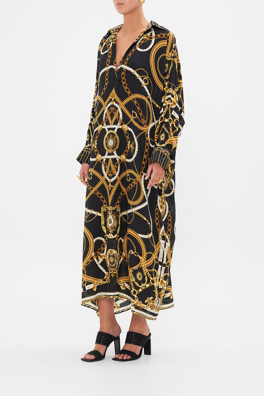 Side view of model wearing CAMILLA silk kaftan in Coast to Coast print