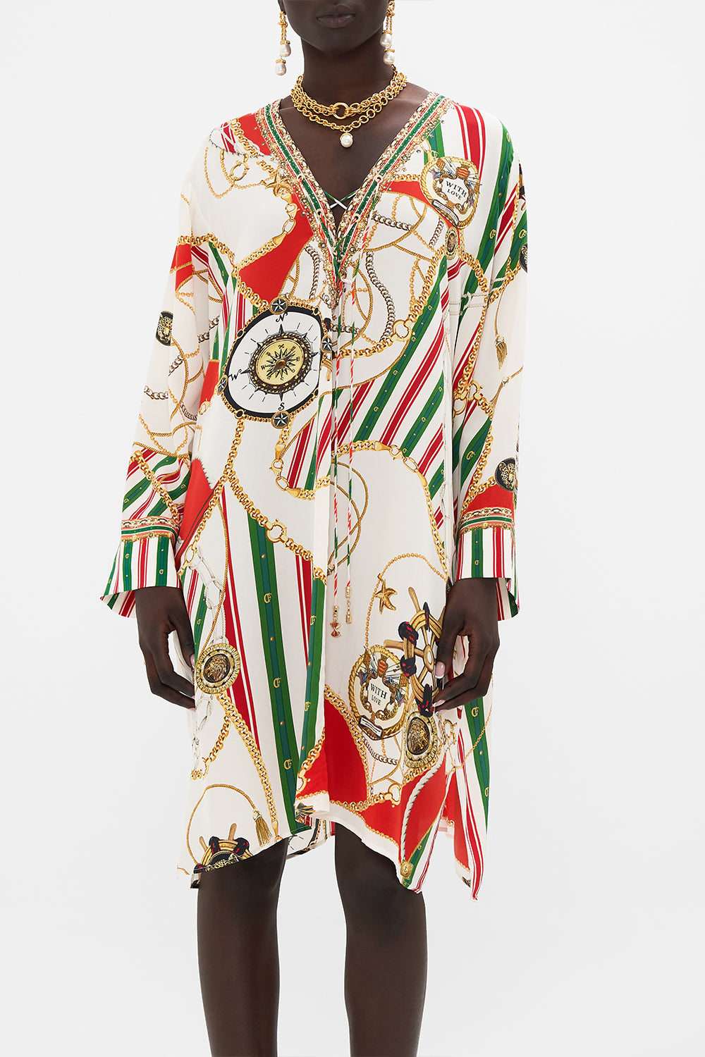 Crop view of CAMILLA silk kaftan in Saluti Summertime print