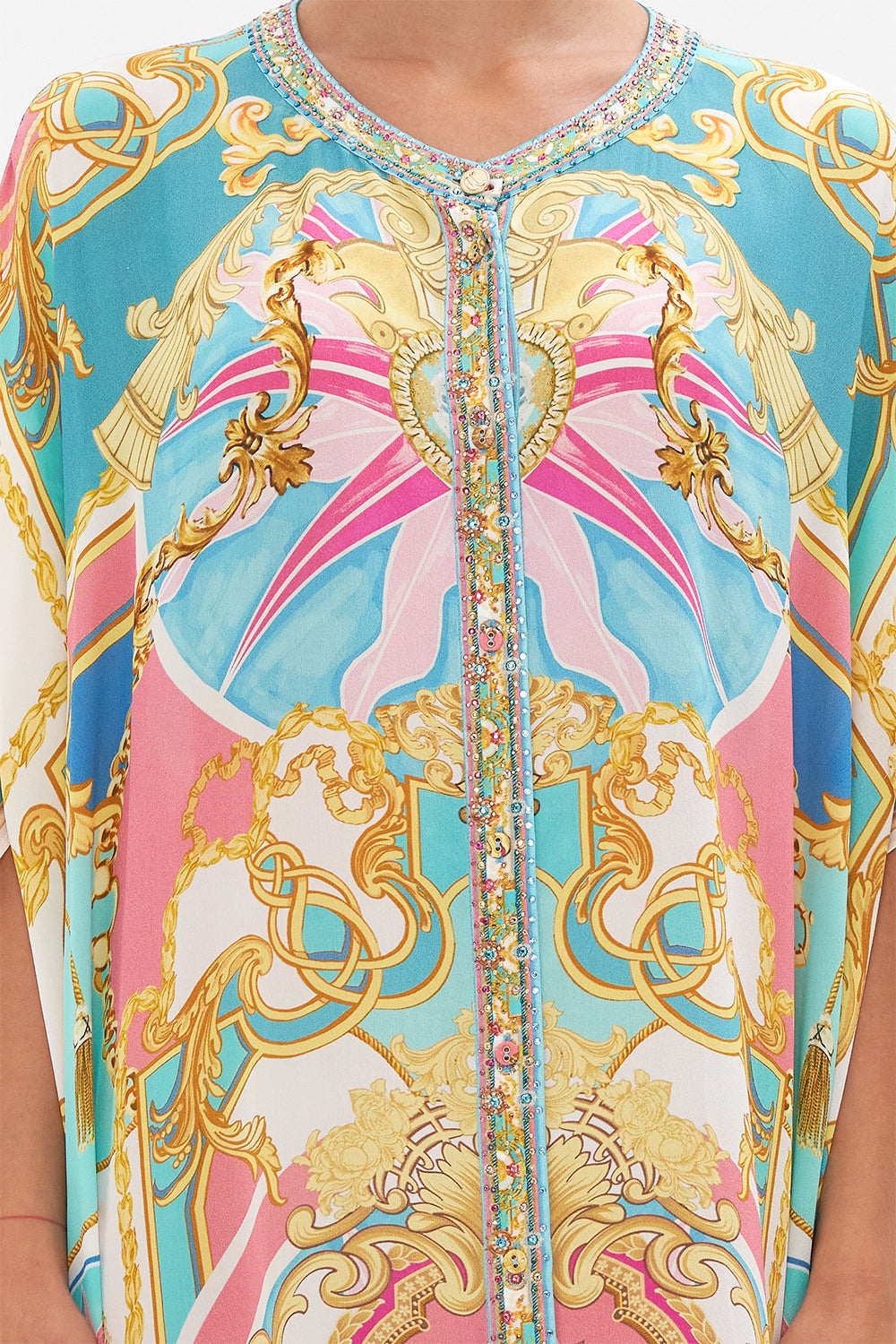 Detail view of model wearing CAMILLA silk kaftan in Sail Away With Me print 