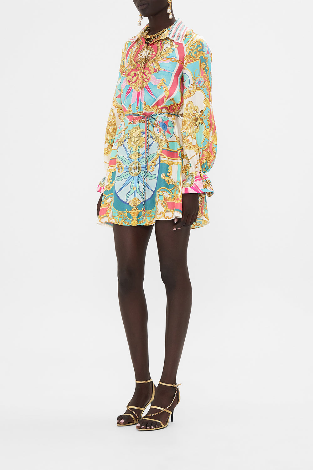 Side view of model wearing CAMILLA silk shirtdress in Sail Away With Me print