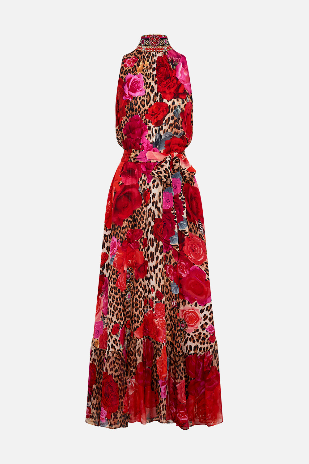 Product view of CAMILLA floral silk dress with neck tie in Heart Likle A Wildflower print