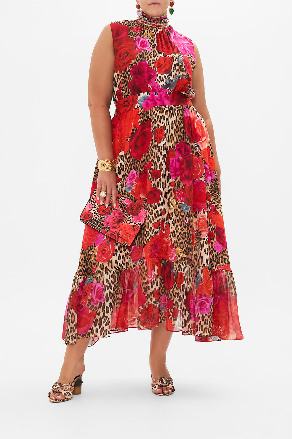 Front view of curve model wearing CAMILLA plus size floral silk dress in Heart Like A Wildflower print