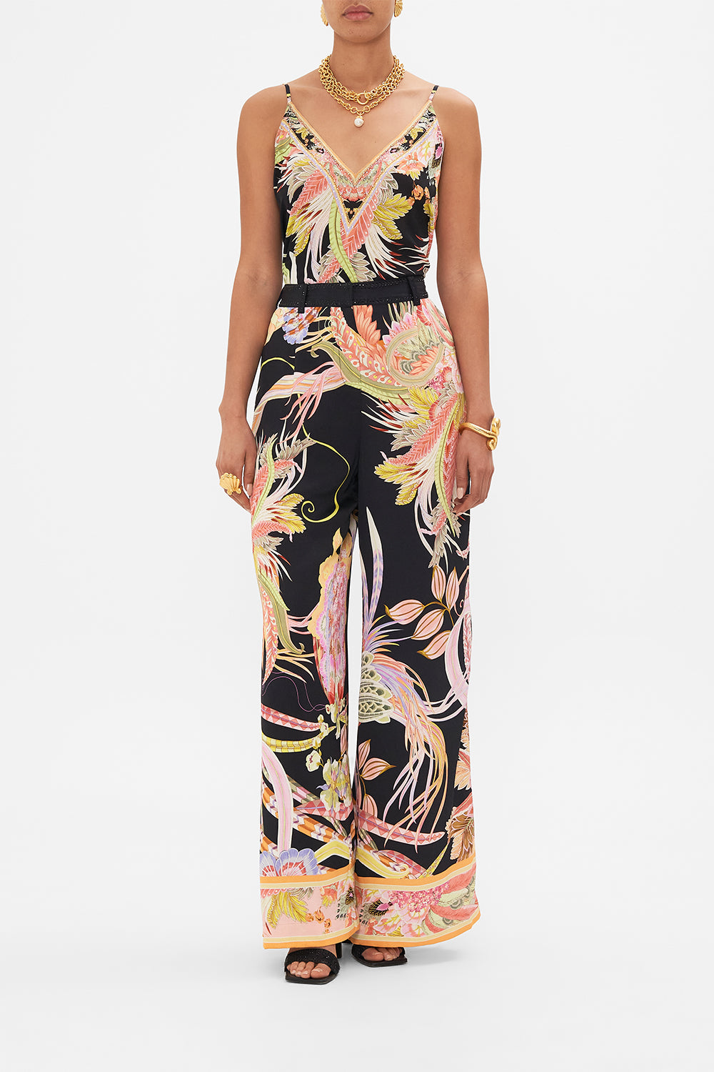 Front view of model wearing CAMILLA designer wide leg pants in Lady of The Moon print