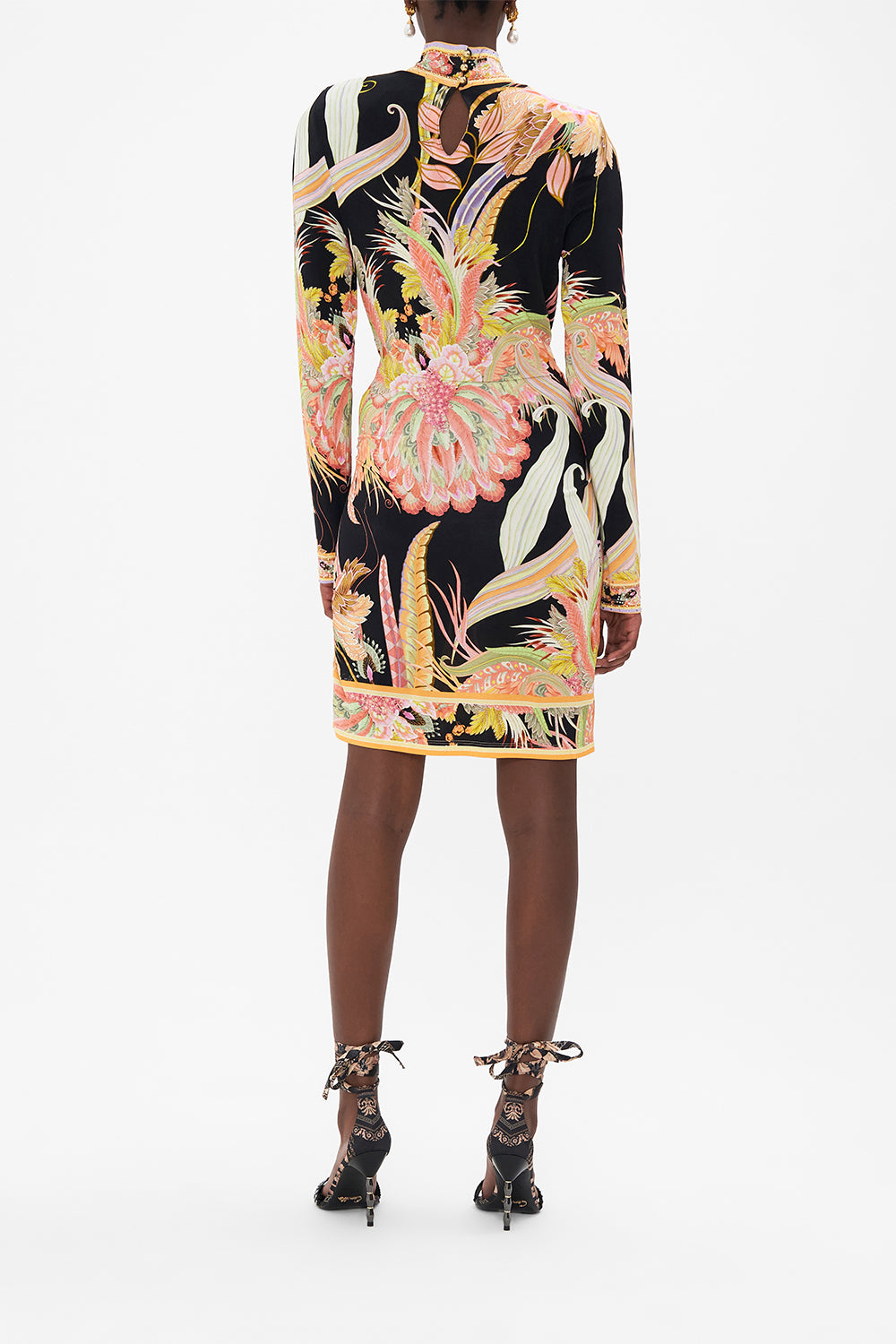 Back view of CAMILLA designer jersey mini dress in Lady of The Moon print