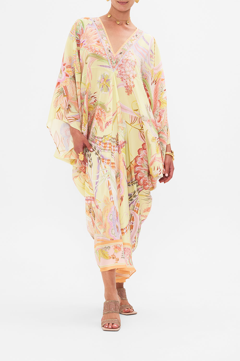Front view of model wearing CAMILLA designer silk floral kaftan in Cosmic Tuscan print