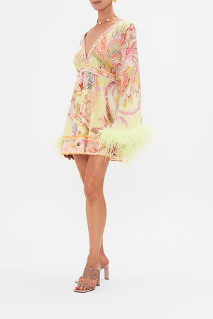 Gathered Kimono Mini Dress With Feathers, Cosmic Tuscan | CAMILLA AU ...