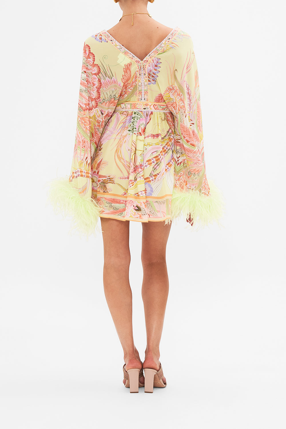 Gathered Kimono Mini Dress With Feathers, Cosmic Tuscan | CAMILLA AU   CAMILLA