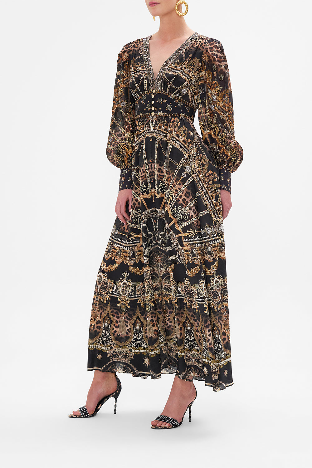 Side view of  model wearing CAMILLA silk dress in Masked Moonlight print