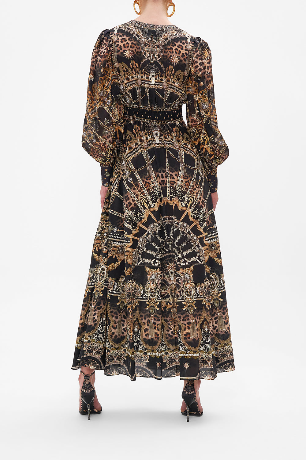 Back view of model wearing  CAMILLA silk dress in Masked Moonlight print