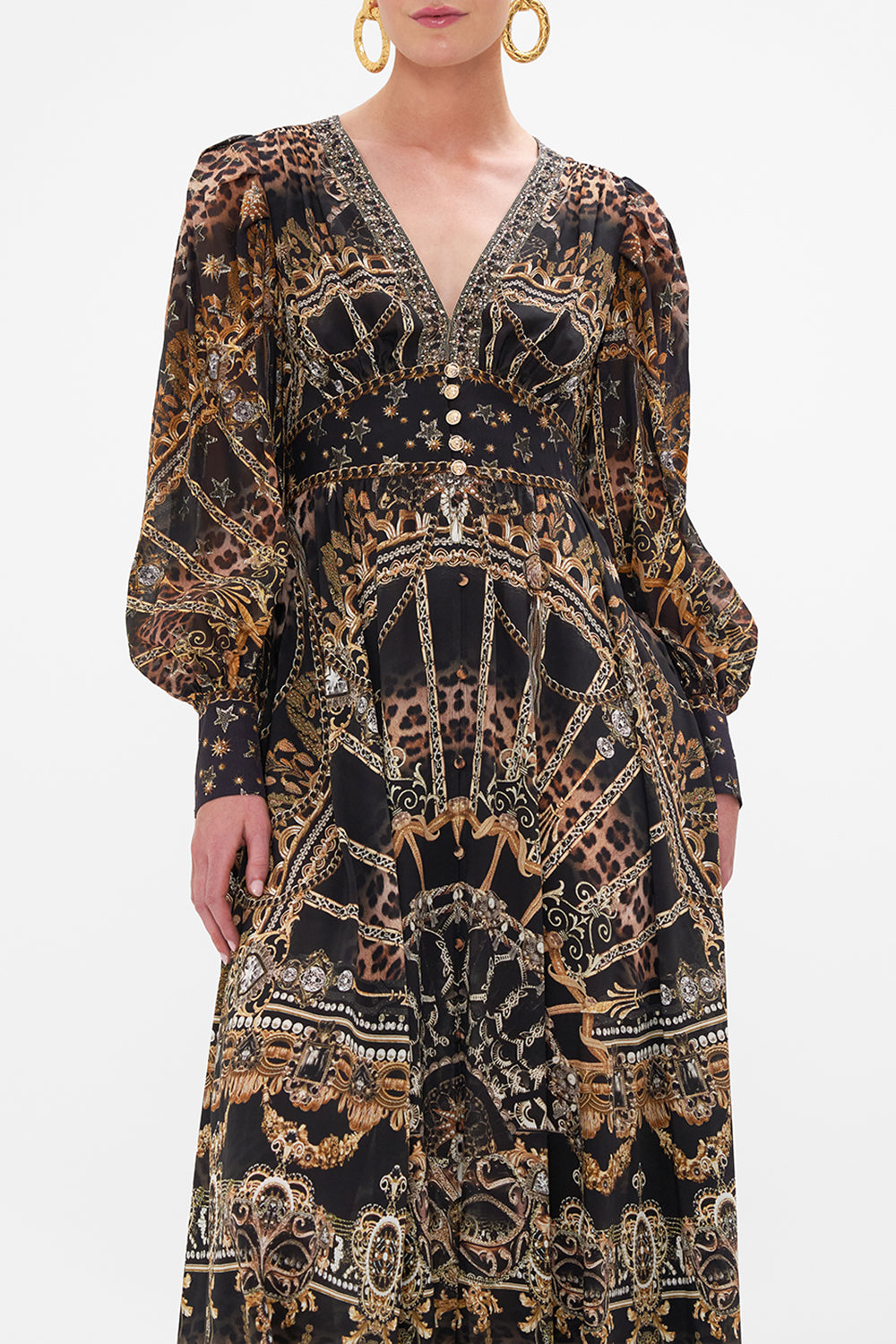 Crop view of model wearing CAMILLA silk dress in Masked Moonlight print