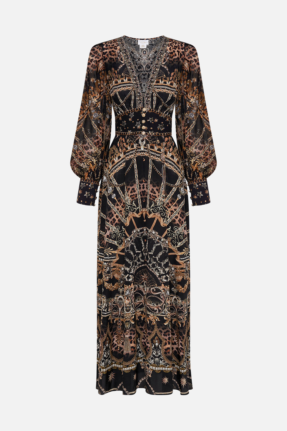 Product view of model wearing CAMILLA silk dress in Masked Moonlight print