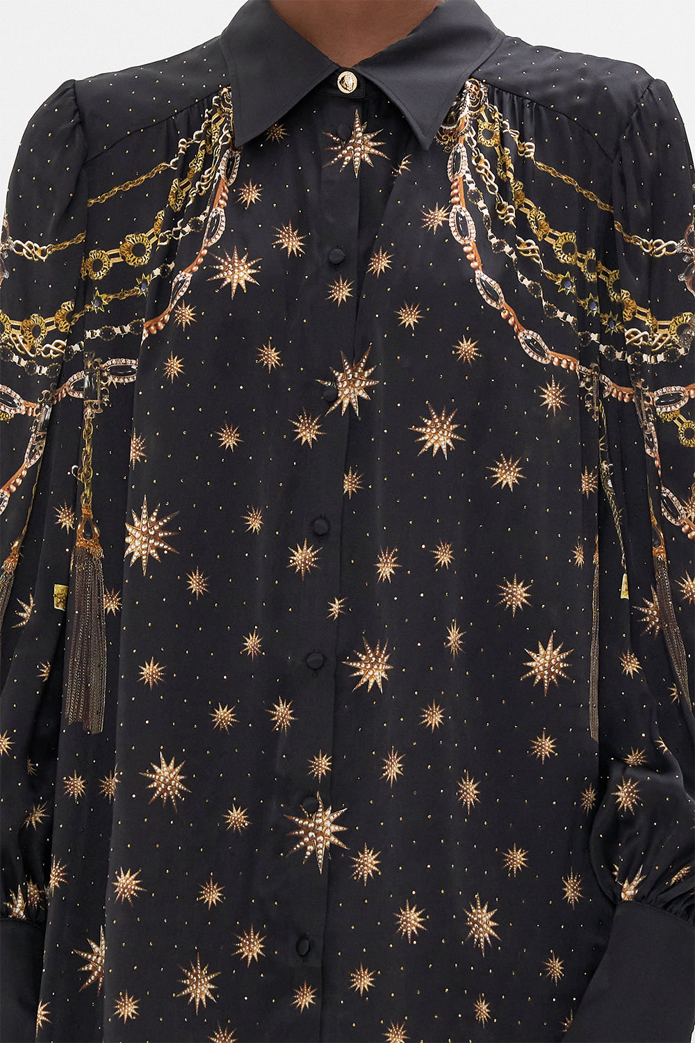 Detail view of model wearing CAMILLA silk blouse in Soul Of A Star Gazer