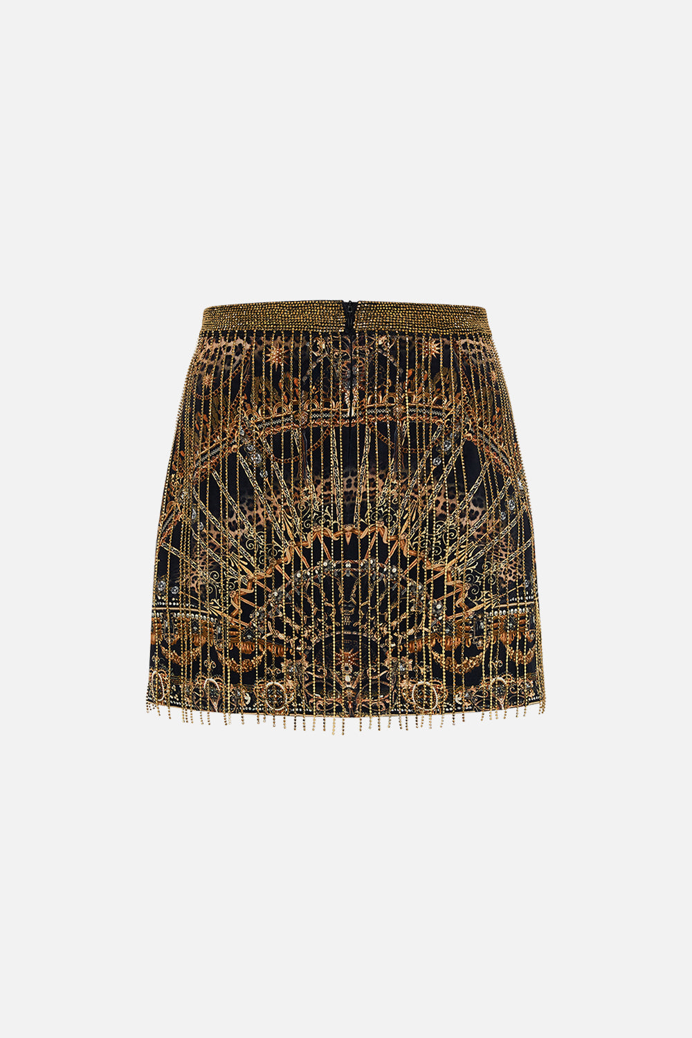 CAMILLA Crystal fringe mini skirt in Masked Moonlight print