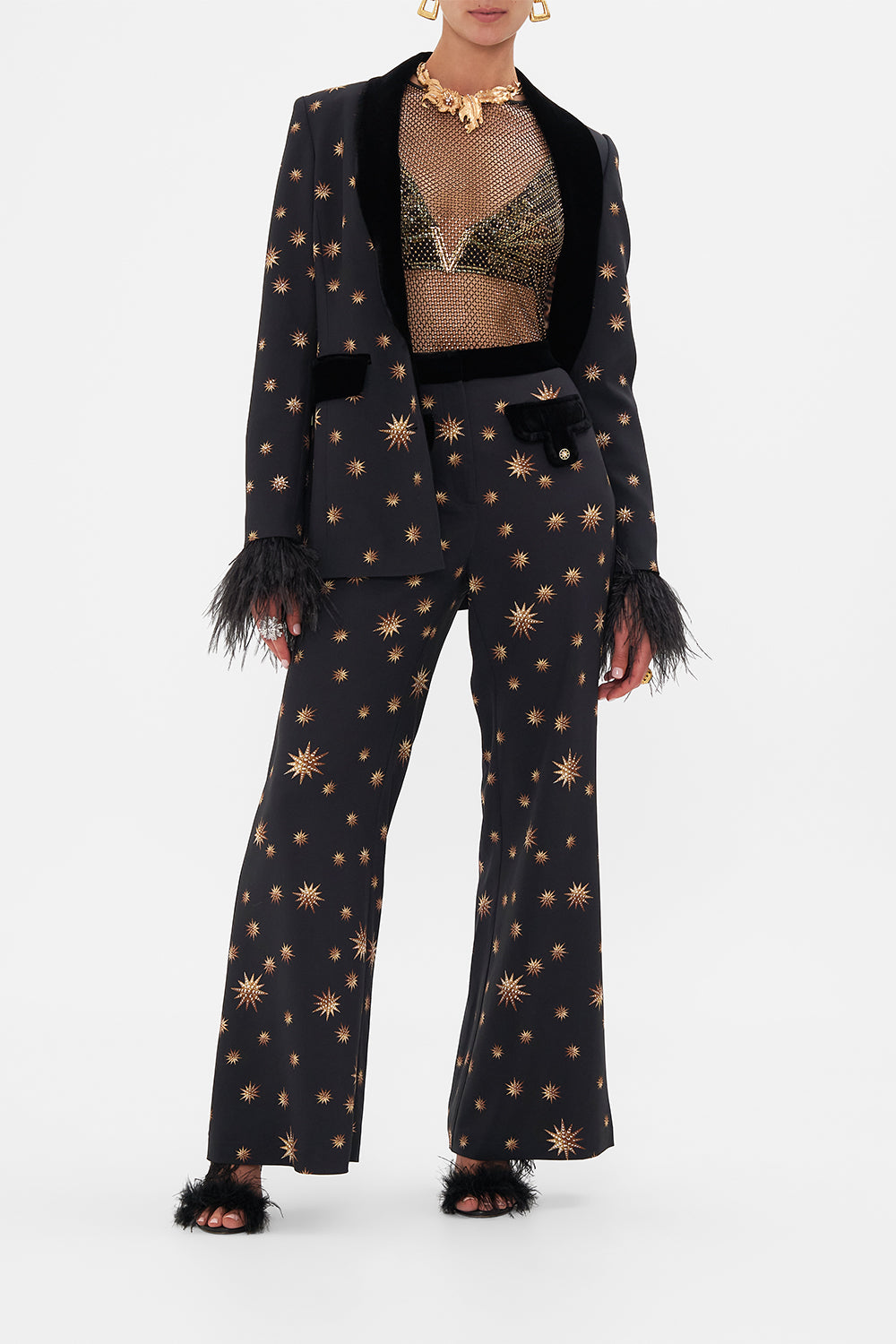 CRYSTAL MESH TOP WITH FEATHERS SOUL OF A STAR GAZER