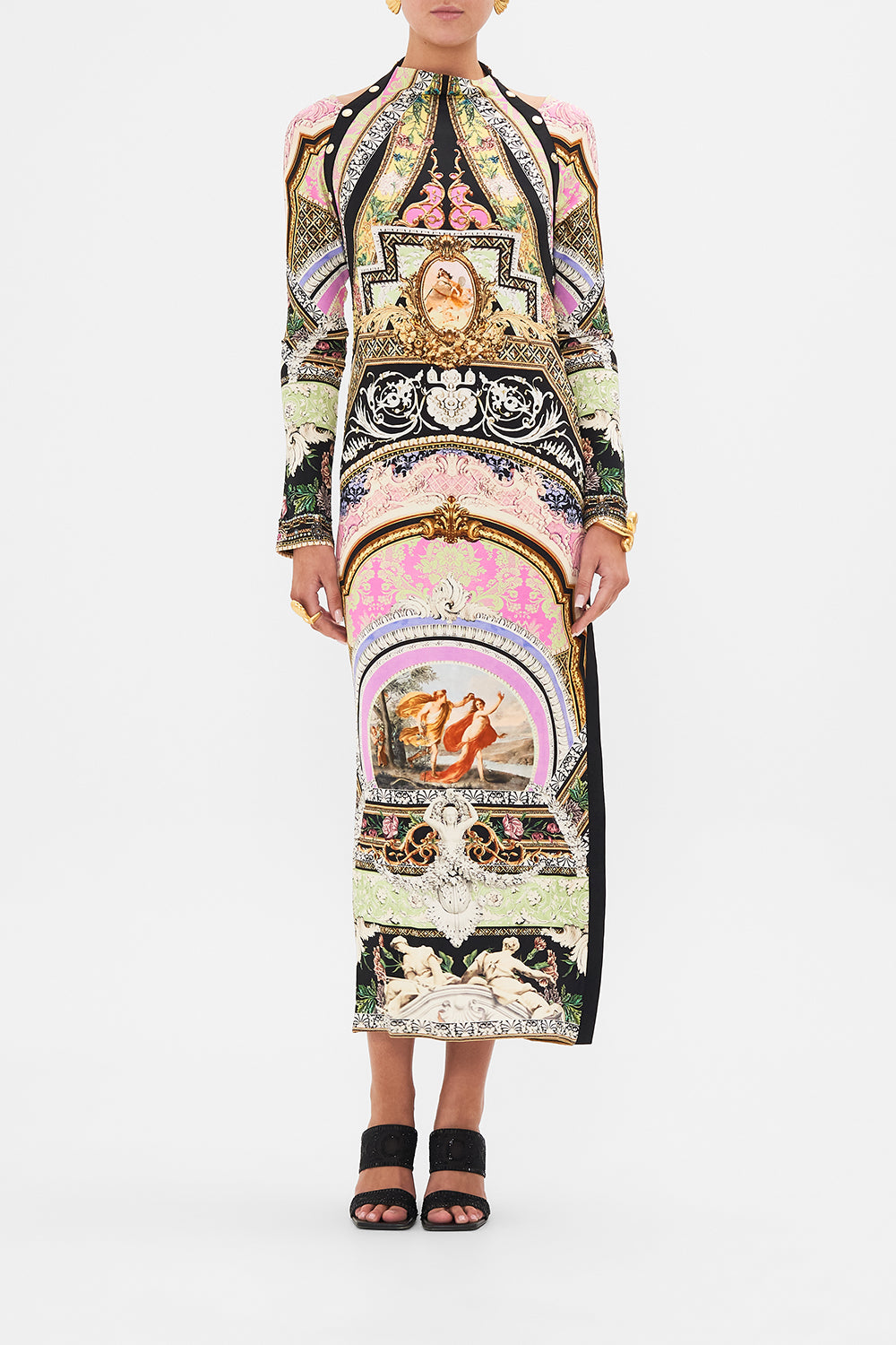 Front view of model wearing CAMILLA cut out jersey dress in Florence Field Day print