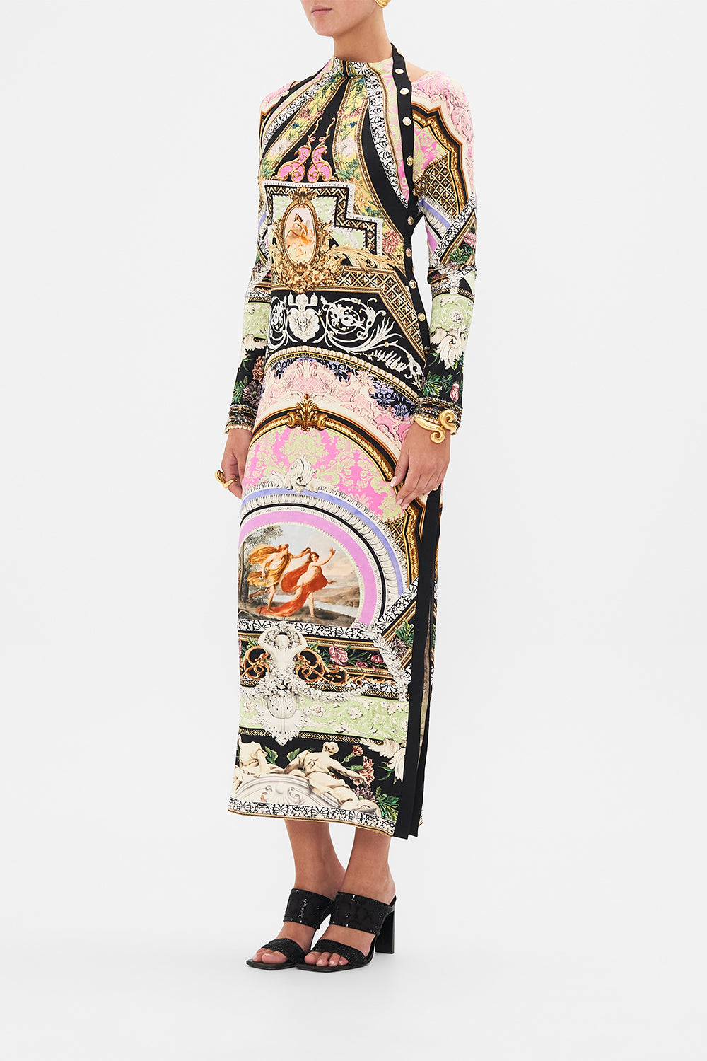 Side view of model wearing CAMILLA cut out jersey dress in Florence Field Day print