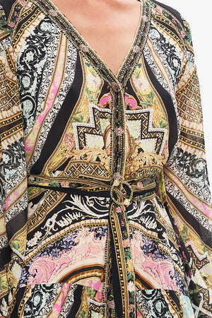 Detail view of model wearing CAMILLA silk maxi dress in Florence Field Day print