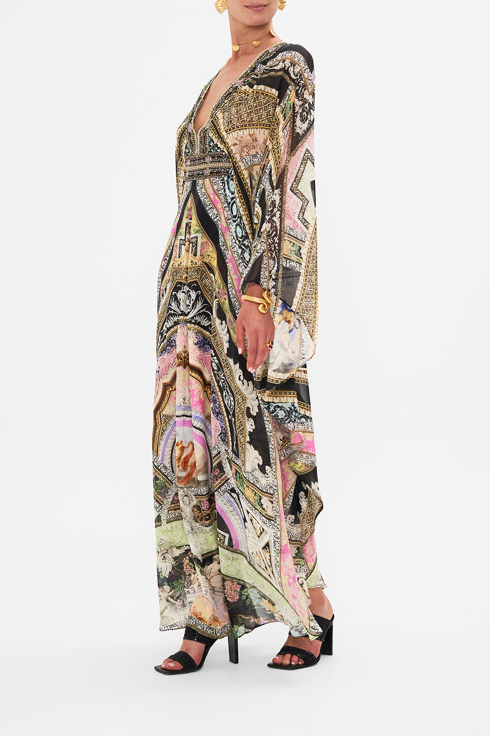 Side view of model wearing CAMILLA silk kaftan in Florence Field Day print 