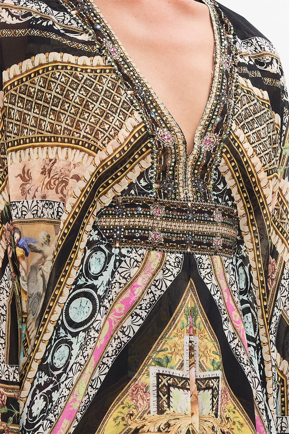 Detail view of model wearing CAMILLA silk kaftan in Florence Field Day print 