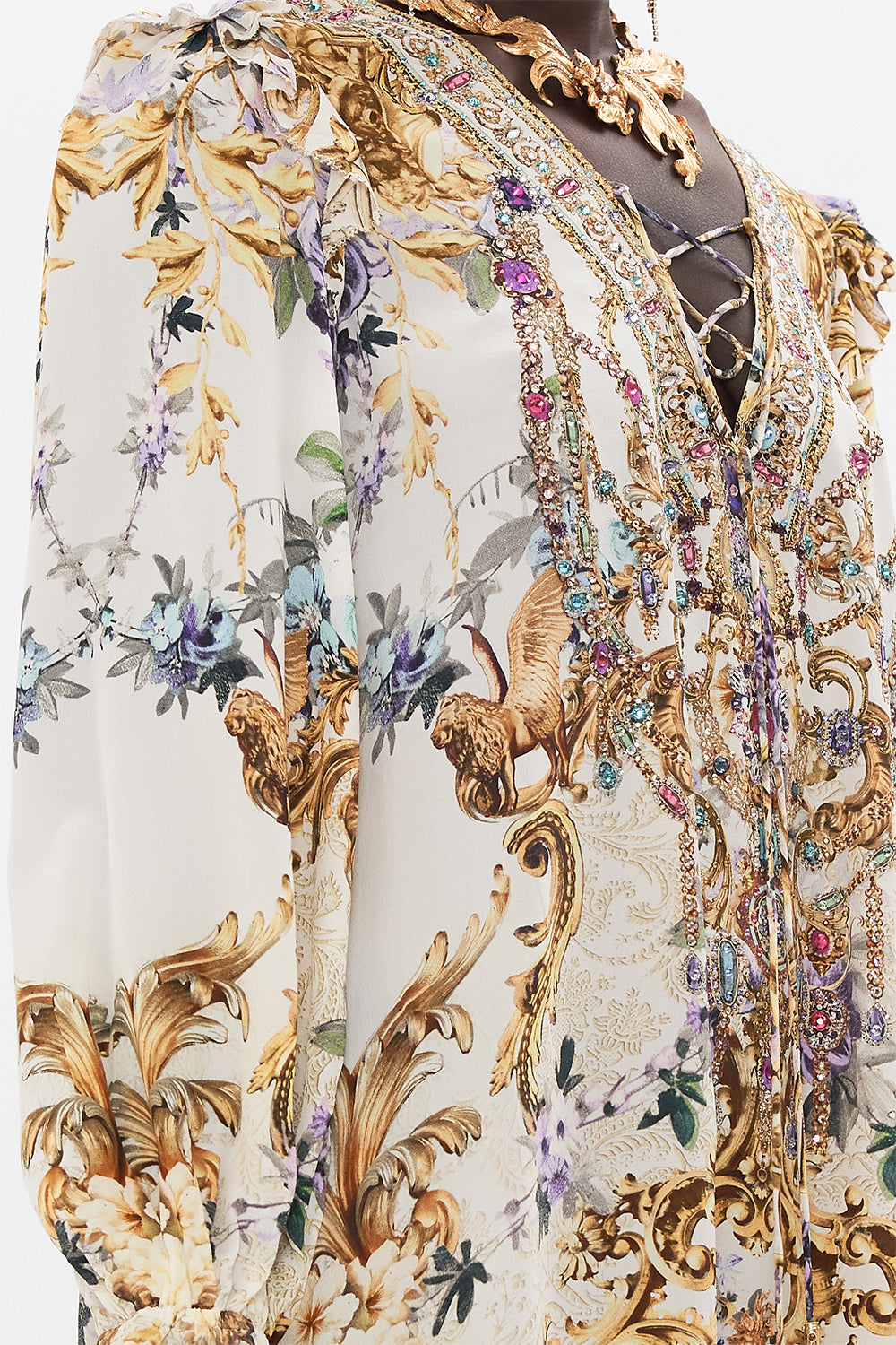 Detail view of model wearing CAMILLA silk ruffle dress in Palazzo playdate print 