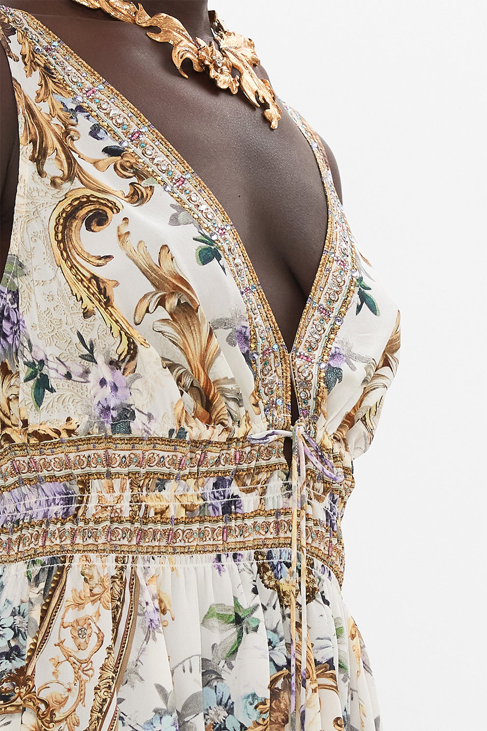 Detail view of model wearing CAMILLA silk mini dress in Palazzo Playdate print