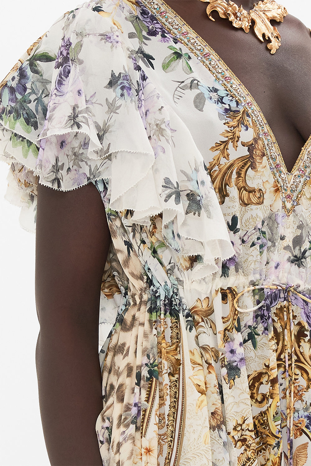 Detail view of model wearing CAMILLA silk ruffle dress in Palazzo Play Date print