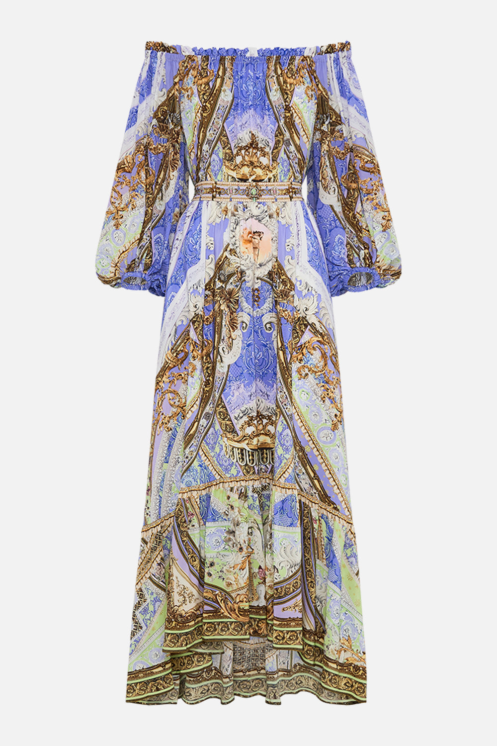 CAMILLA frill off the shoulder dress in Guilded Pleasures print 