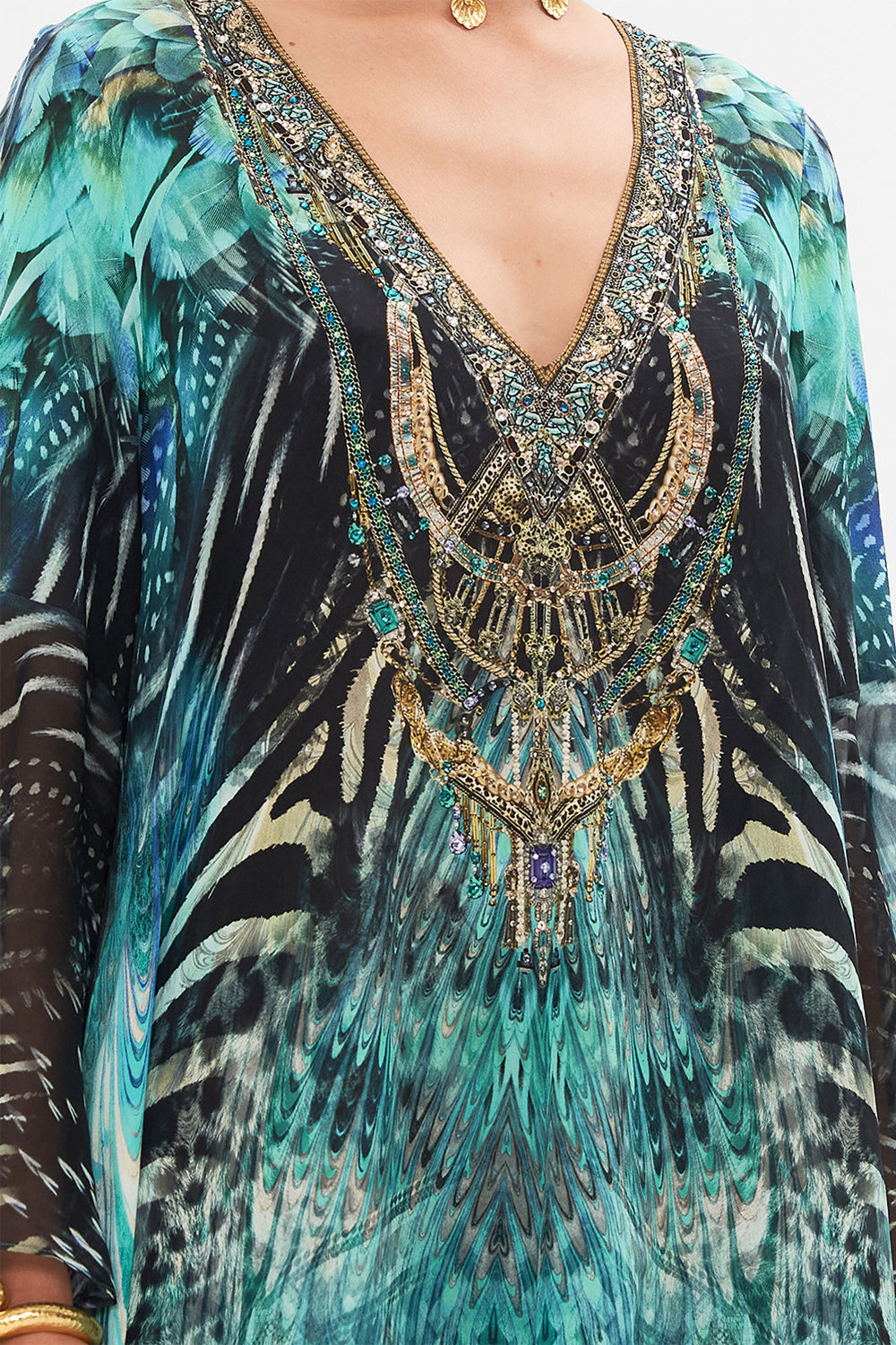 Detail view of model wearing CAMILLA silk mini dress in Azure Allure print