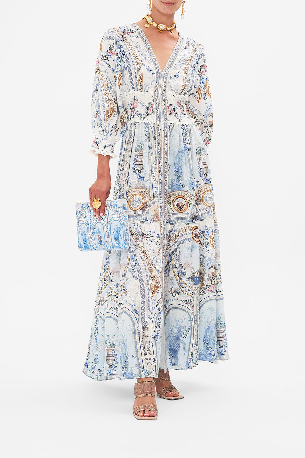 Front view of model wearing CAMILLA silk maxi dress in Season Of The Siren print 