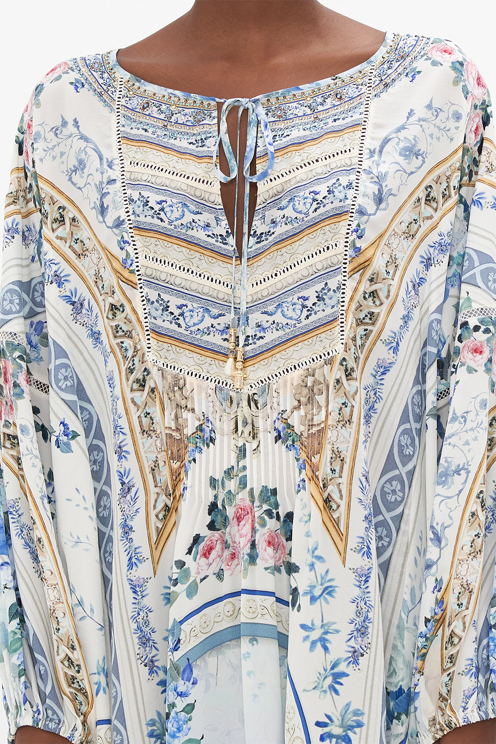 Detail view of model wearing CAMILLA a line silk dress in Season Of The Siren print