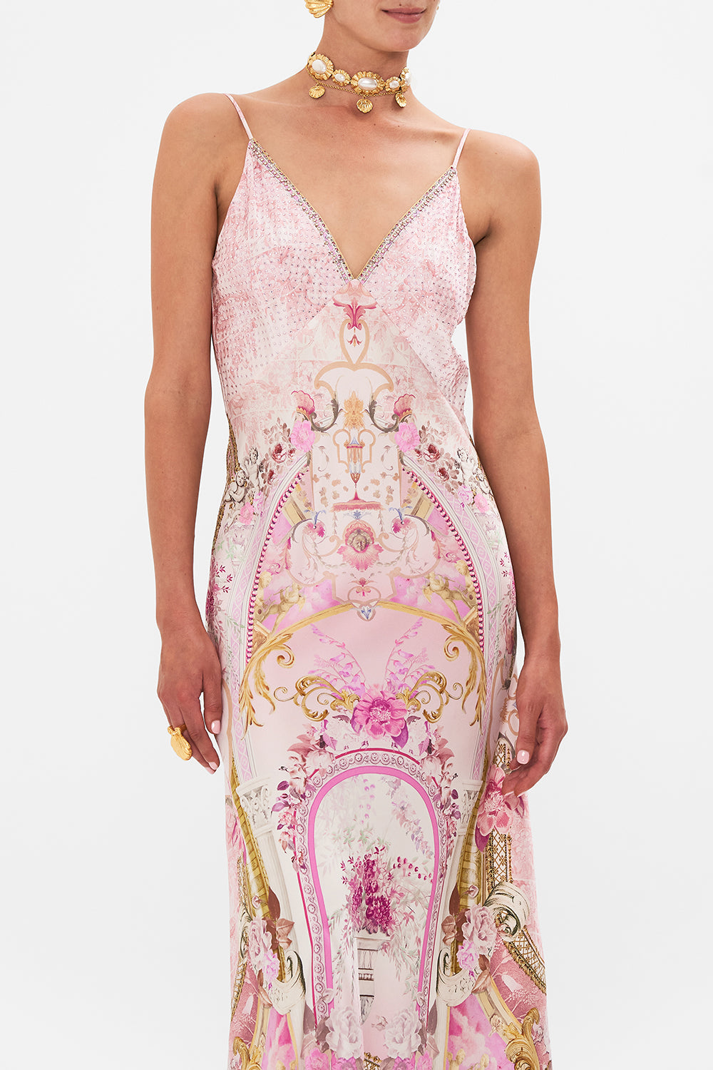 Crop view of model wearing CAMILLA silk slip dress in Fresco Fairytale print