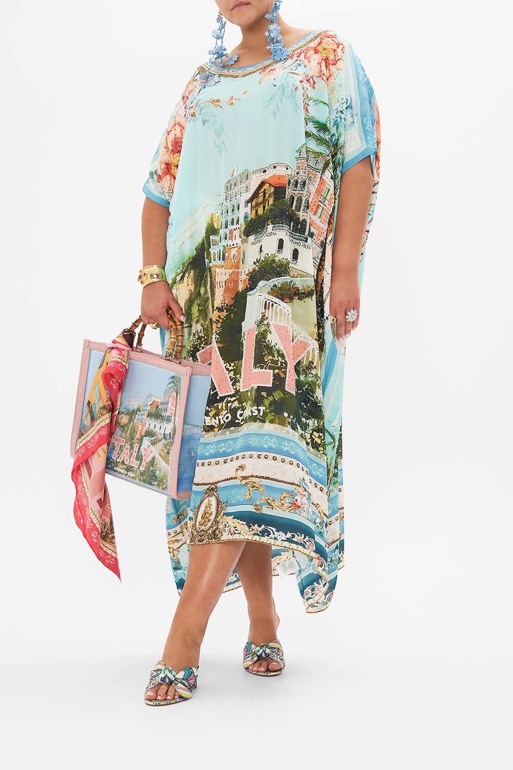 Front view of curvy model wearing CAMILLA plus size silk kaftan in From Sorrento With Love print