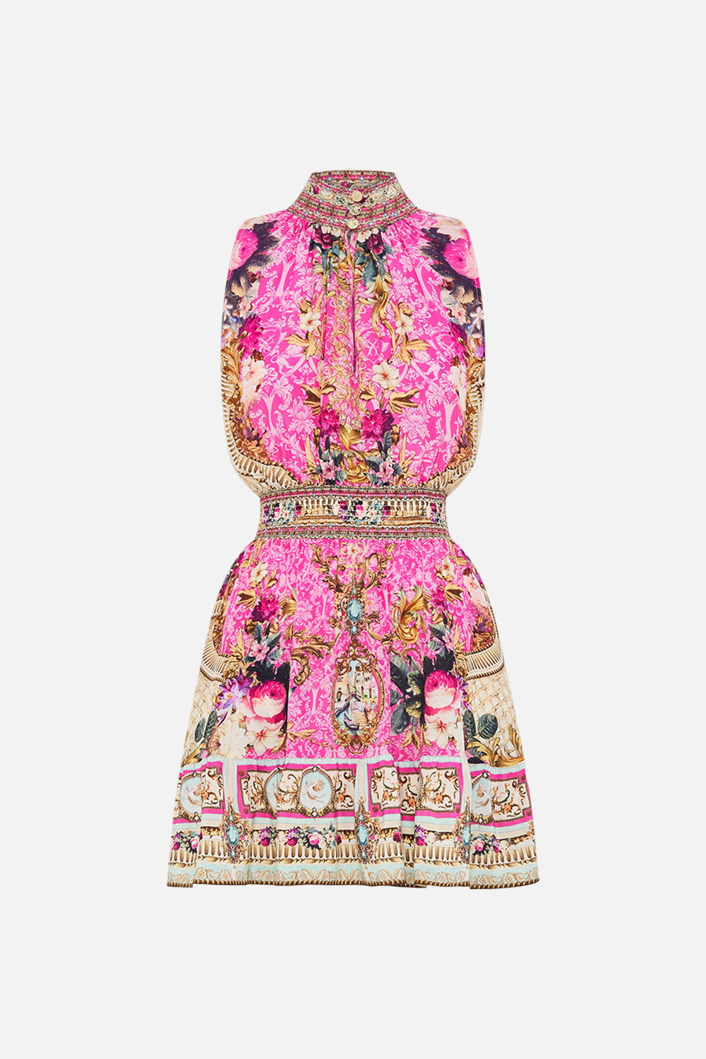 Product view of CAMILLA pink silk mini dress in Call Of The Canal print