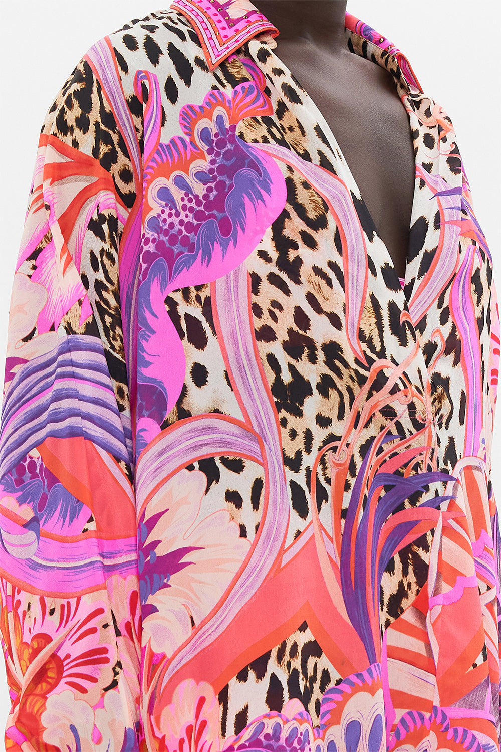 Detail view of model wearing CAMILLA silk shirt in Viola Vintage print