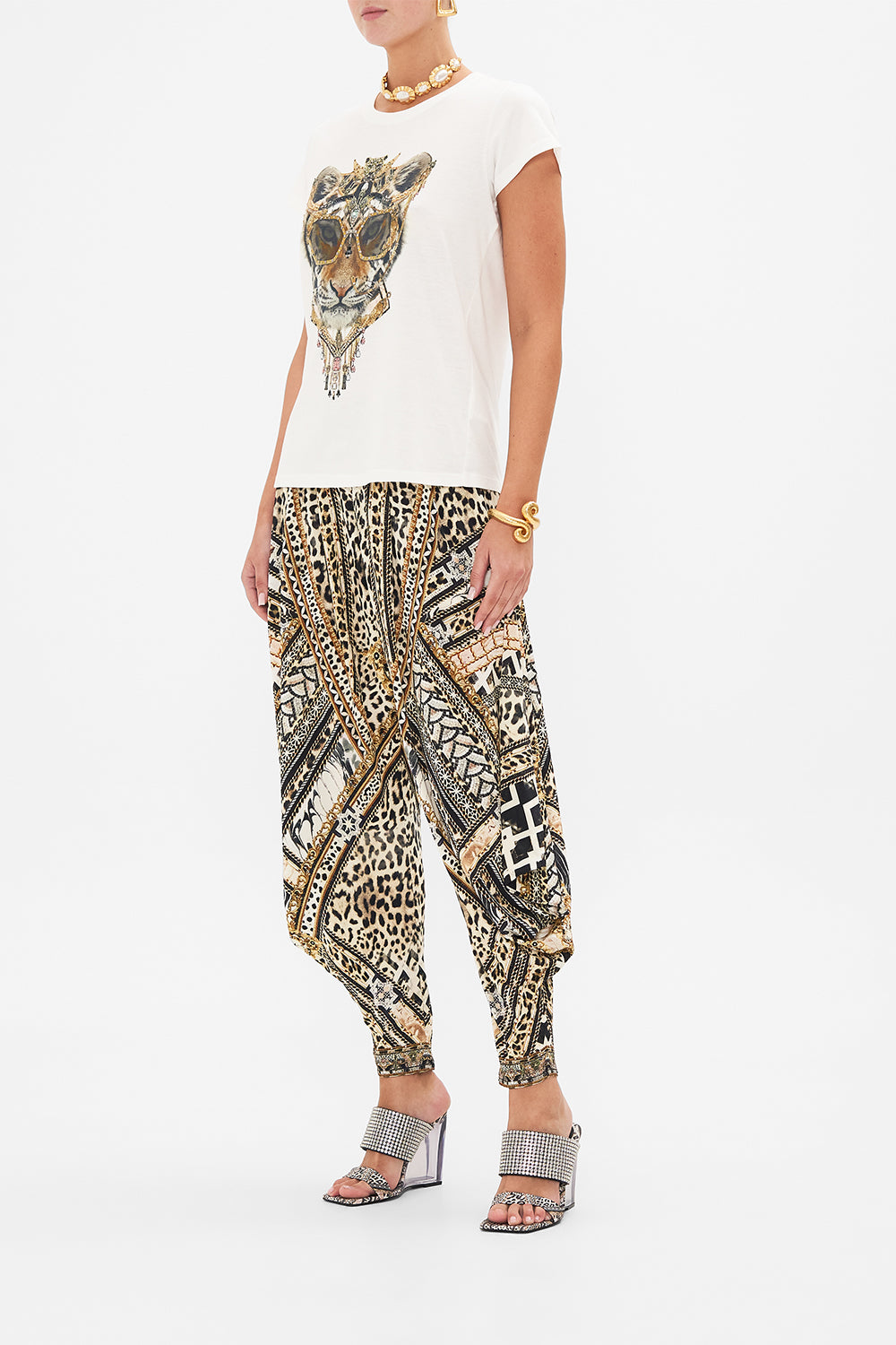 Side view of model wearing CAMILLA animal print t shirt in Mosaic Muse 