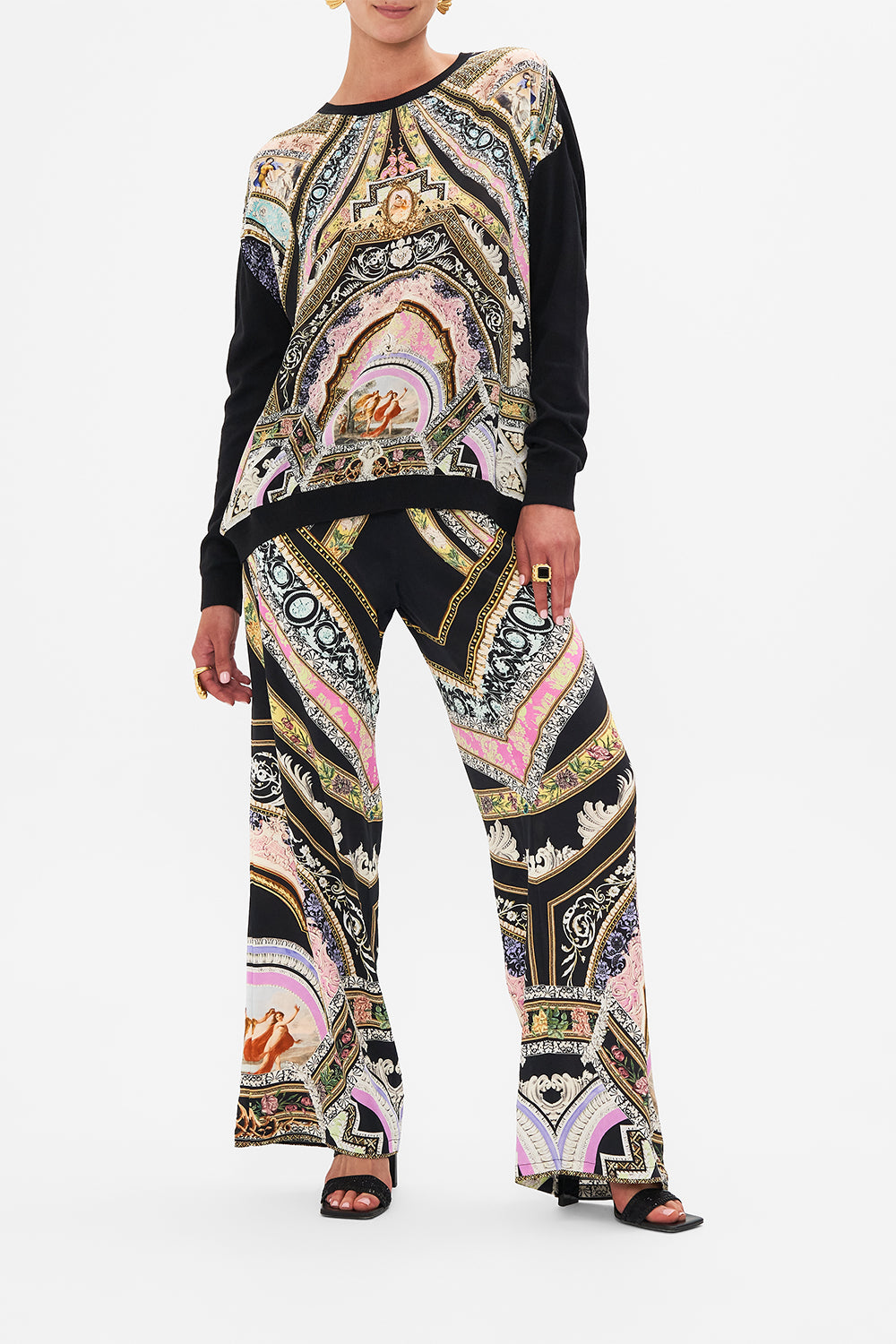 Front view of model wearing CAMILLA knit jumper in Florence Field Day print 