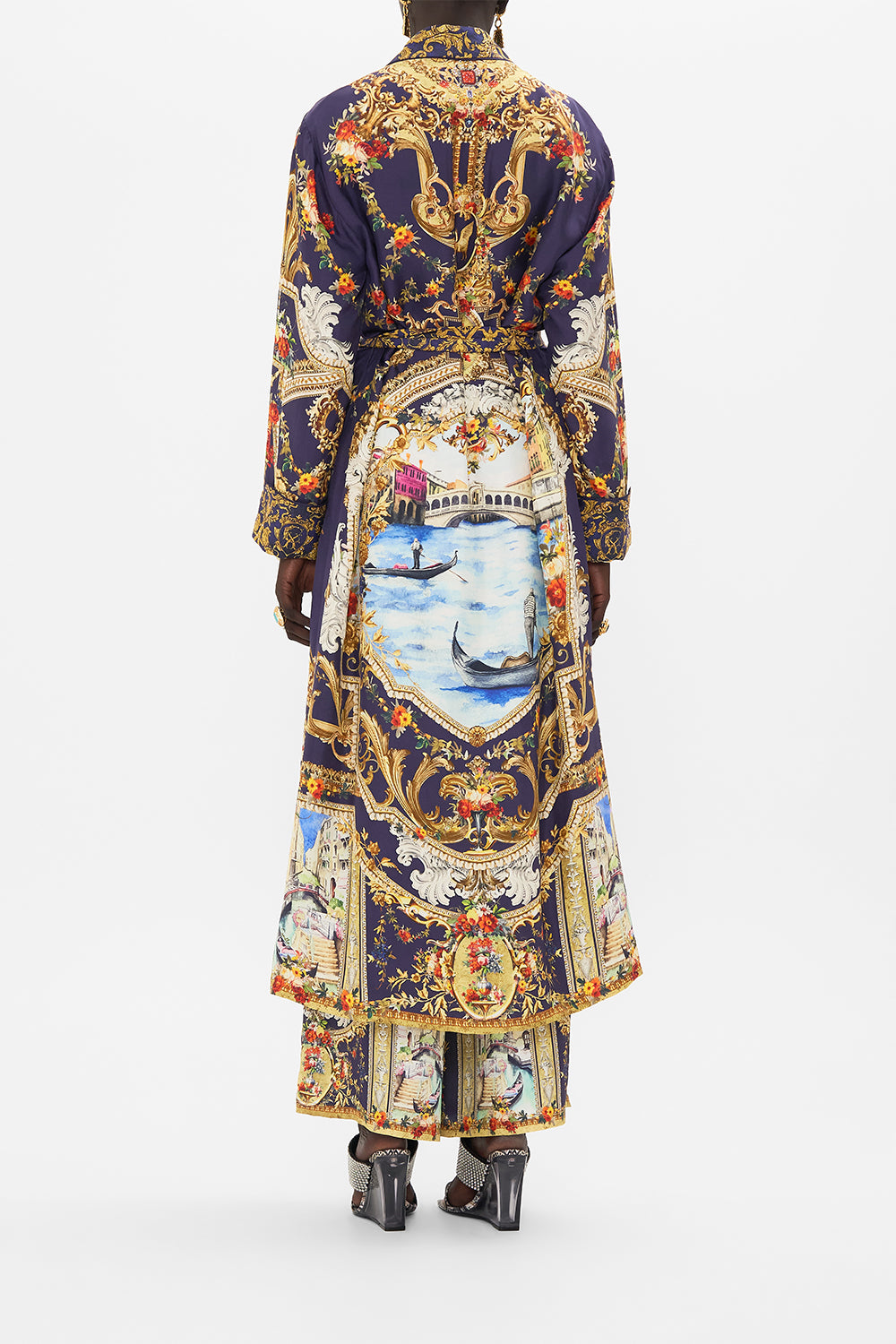 Back view of model wearing CAMILLA silk robe in Venice Vignette print 