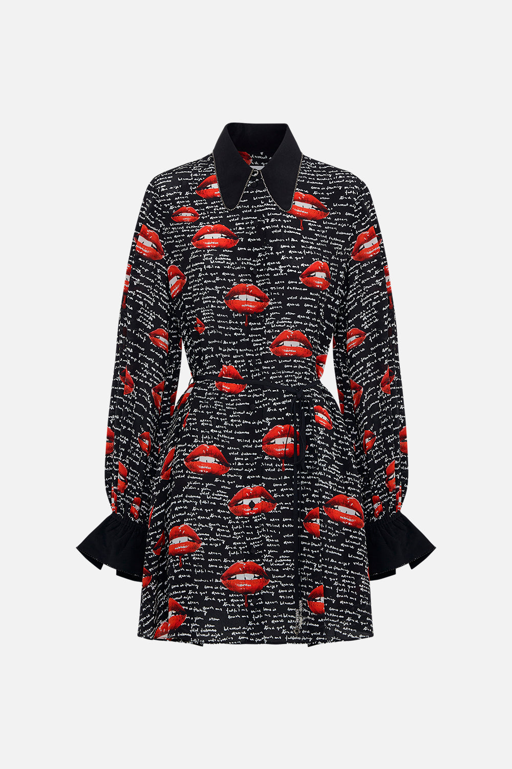 Product view of CAMILLA black silk shirt dress in Chaos Magic print 