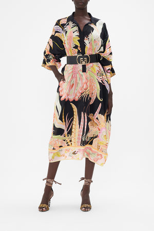 Front view of model wearing CAMILLA silk kaftan in Lady Of The Moon print