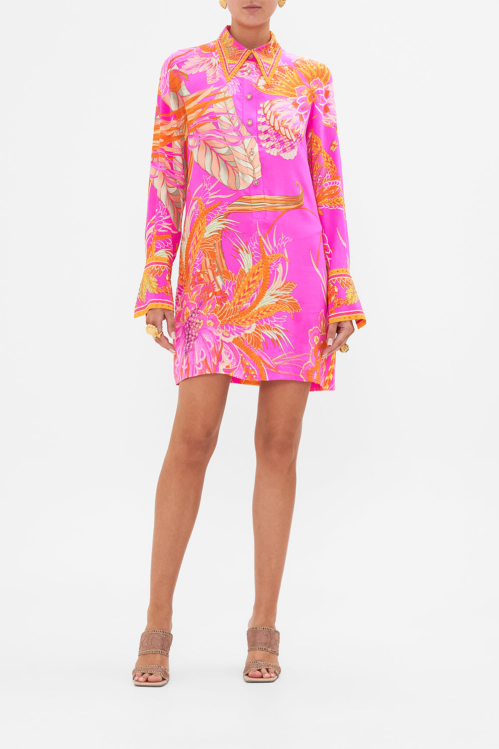 Front view of model wearing CAMILLA silk shirt dress in A Heart That Flutters print