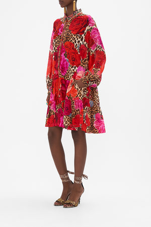 Side view of model wearing CAMILLA floral shirt dress in Heart Like A Wildflower print